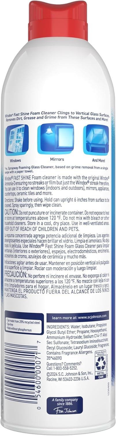 Windex Fast Shine Foam Glass Cleaner, No-Drip Windows, Doors, Mirrors & Countertops Aerosol Cleaning Spray, Streak-Free Shine, Removes Fingerprints, Dust, Dirt, Grime & More 19 oz (Pack of 1) - Image 10